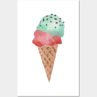 Mint strawberry ice cream cone Posters and Art